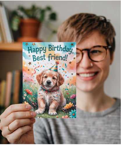 Happy Birthday card Best friend adorable Golden Retriever puppy