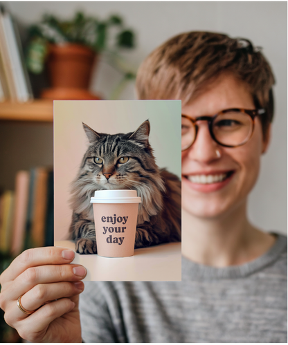 Enjoy Your Day with Cat with Coffee Cup