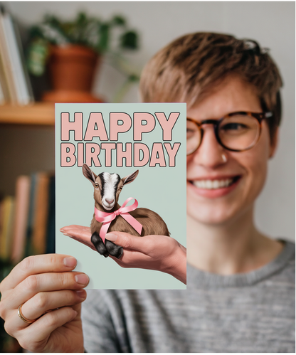 Happy Birthday Card Mini Goat cute pink