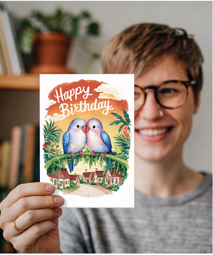 Happy Birthday cute two lovebirds watercolour