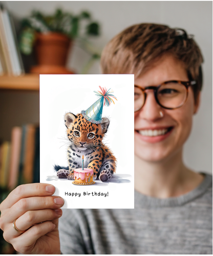 Baby Wild Cat Birthday Card Adorable Animal Watercolour Illustration