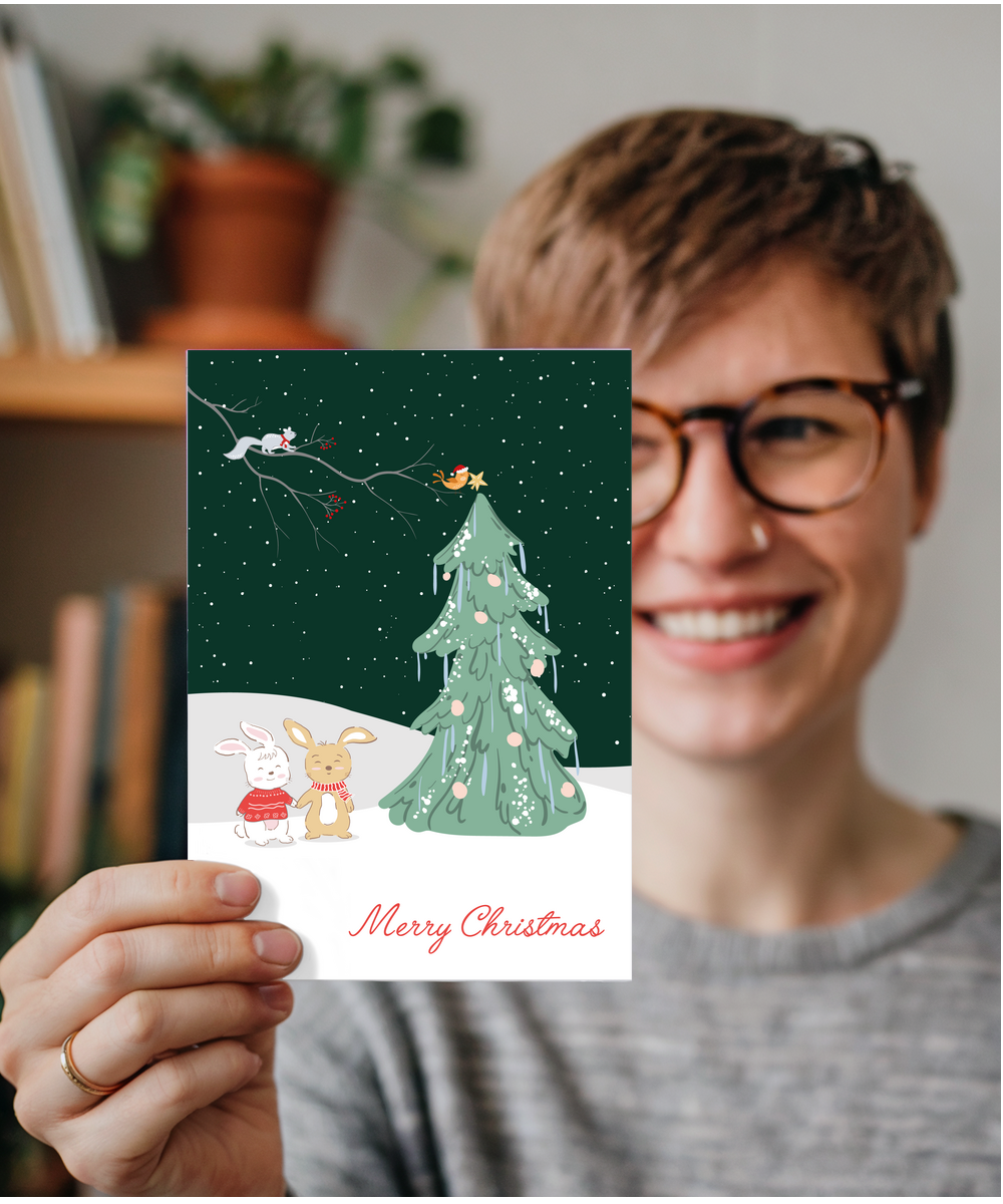 Merry Christmas Card Woodland Animals Decorating Snowy Tree