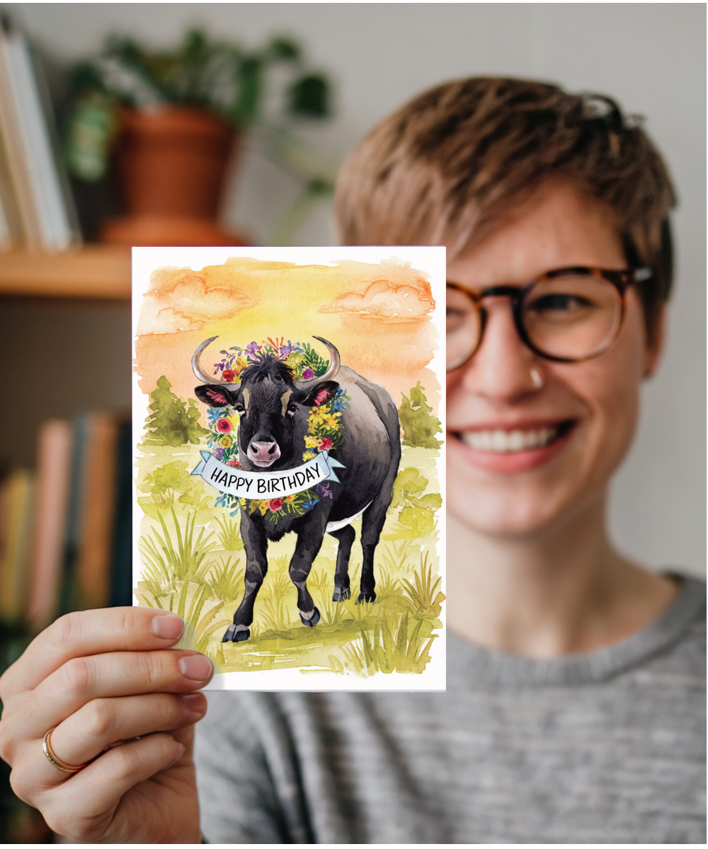 Happy Birthday cute zebu watercolour