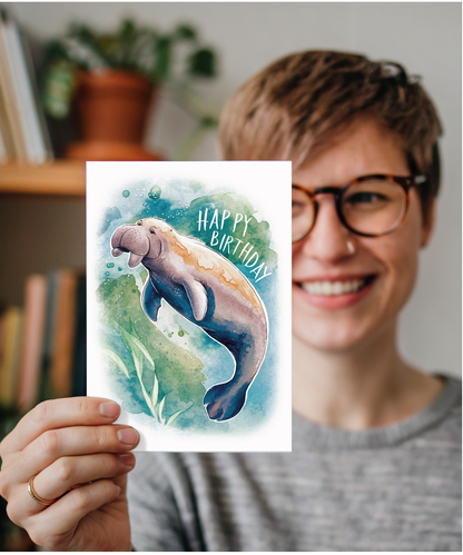 Happy Birthday cute dugong watercolour