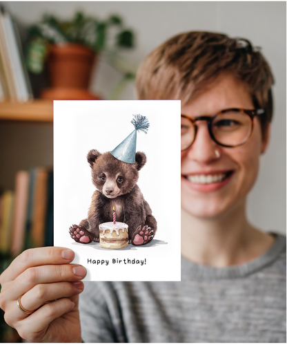 Baby Bear Birthday Card Adorable Animal Watercolour Illustration