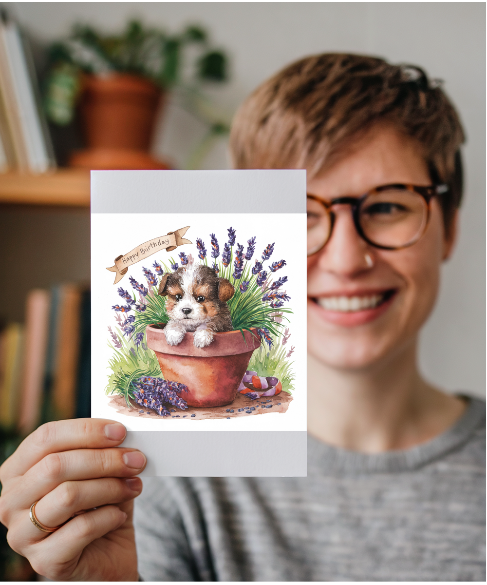 Happy Birthday cute dog plant pot lavender watercolour