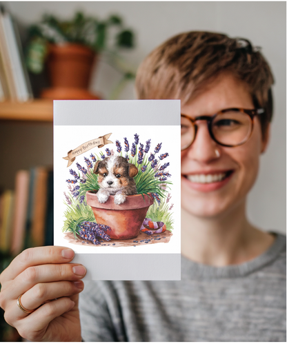 Happy Birthday cute dog plant pot lavender watercolour