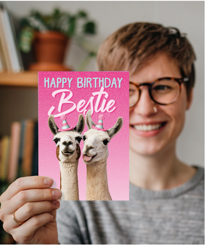 Silly Birthday Card for Bestie with Party Llamas