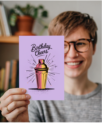 Birthday Cheers card for her cocktail shaker woman