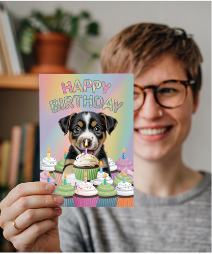 Happy Birthday - Puppy with a Cupcake