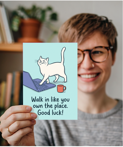 New Job Card for Colleague, Confident Desk Cat