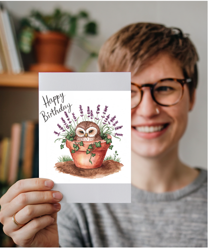 Happy Birthday cute owl plant pot lavender watercolour