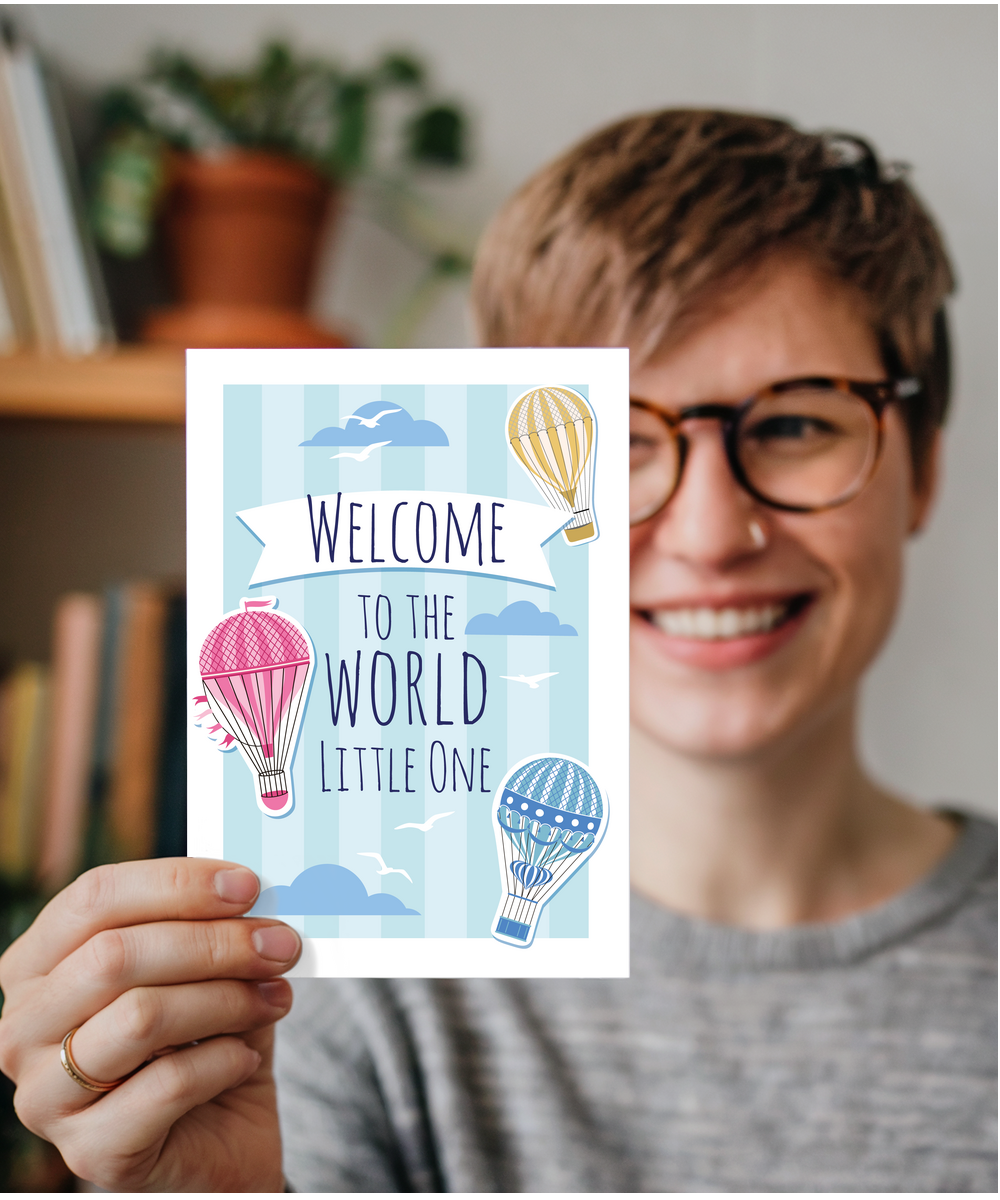 New Baby Card Welcome to the World Little One Hot Air Balloons for Boy or Girl