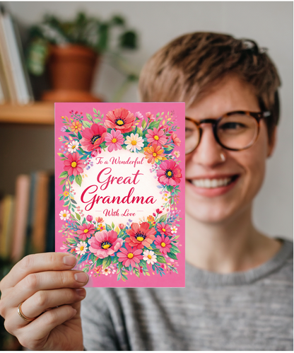 Great Grandma Birthday Card With Love and Bright Floral Wreath