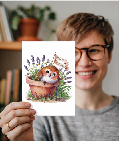 Happy Birthday cute robin plant pot lavender watercolour