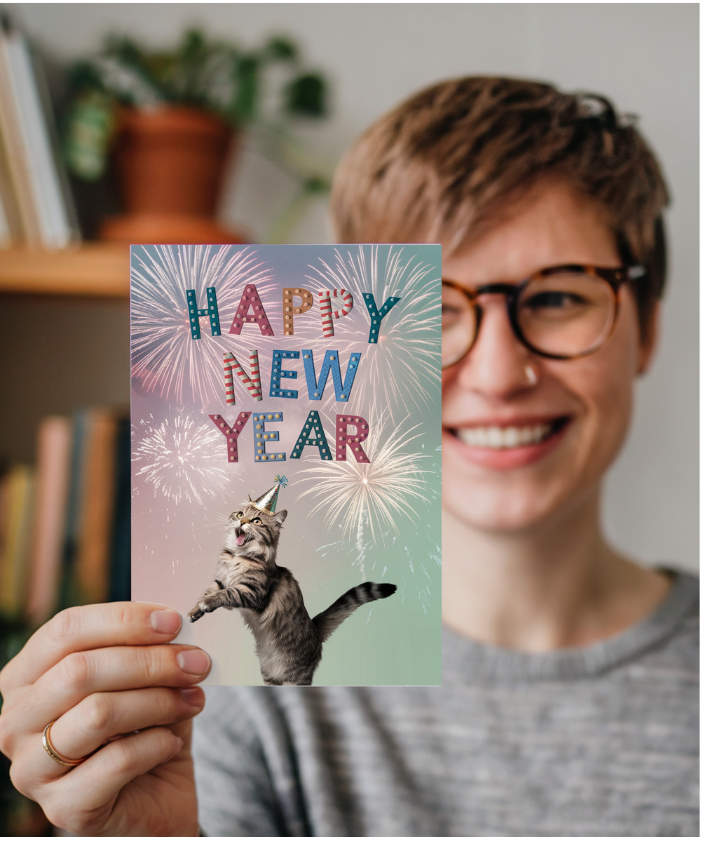 Happy New Year with Cat with Fireworks