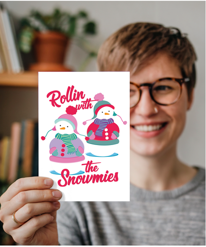 Funny Retro Christmas Card for Friends Mates Rollin With the Snowmies