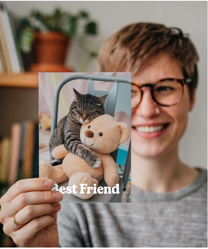 Best Friend with Cat Hugging a Teddy Bear