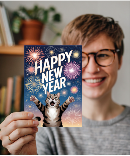 Happy New Year - Cat with Fireworks