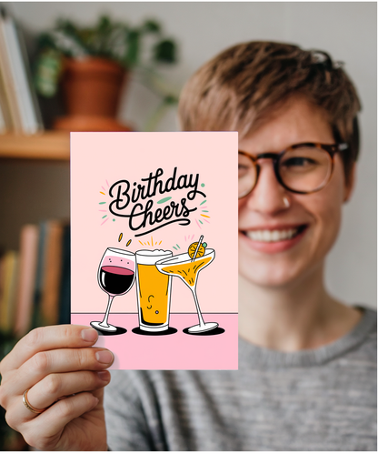 Birthday Cheers Card for her wine, beer, and cocktail pink