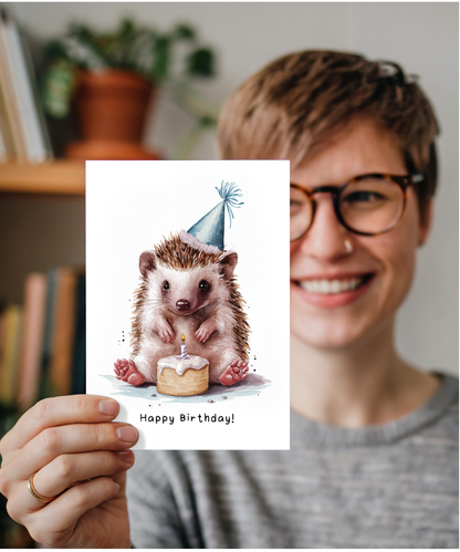 Baby Woodland Hedgehog Birthday Card Adorable Animal Watercolour Illustration