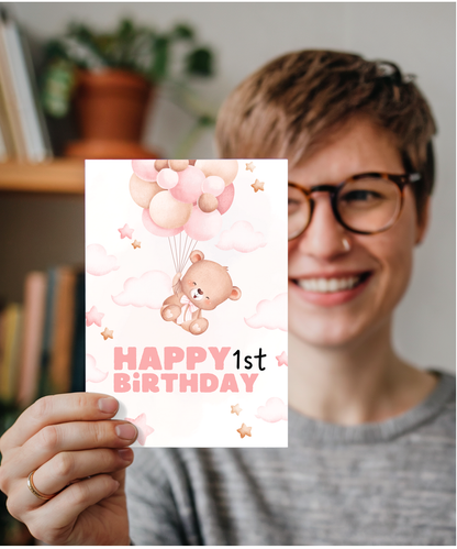 happy first birthday card pink balloons teddy bear