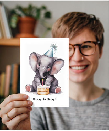 Baby Elephant Birthday Card Adorable Animal Watercolour Illustration