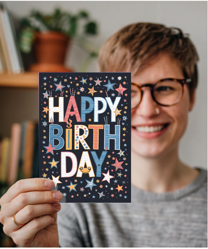 Happy Birthday in Bold Lettering with Stars