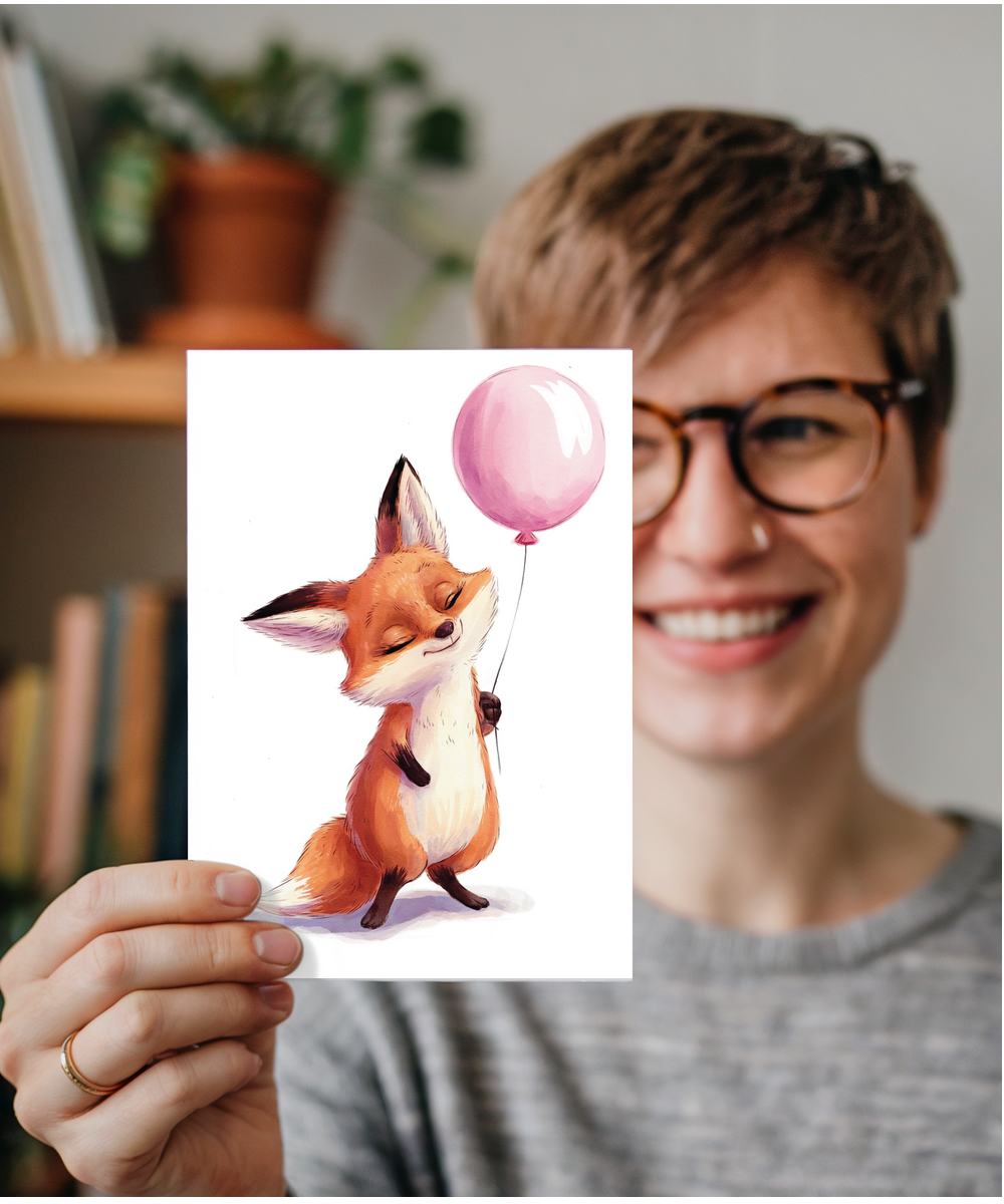 Fox with pink balloon