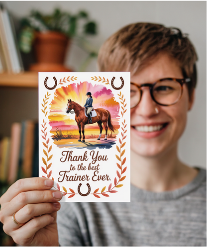 Thank You Card for Riding Instructor with Horse and Sunset