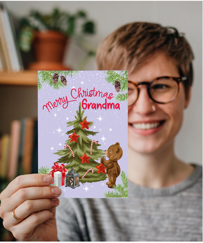 Merry Christmas Card for Grandma from Baby Bear Christmas Tree Decorating