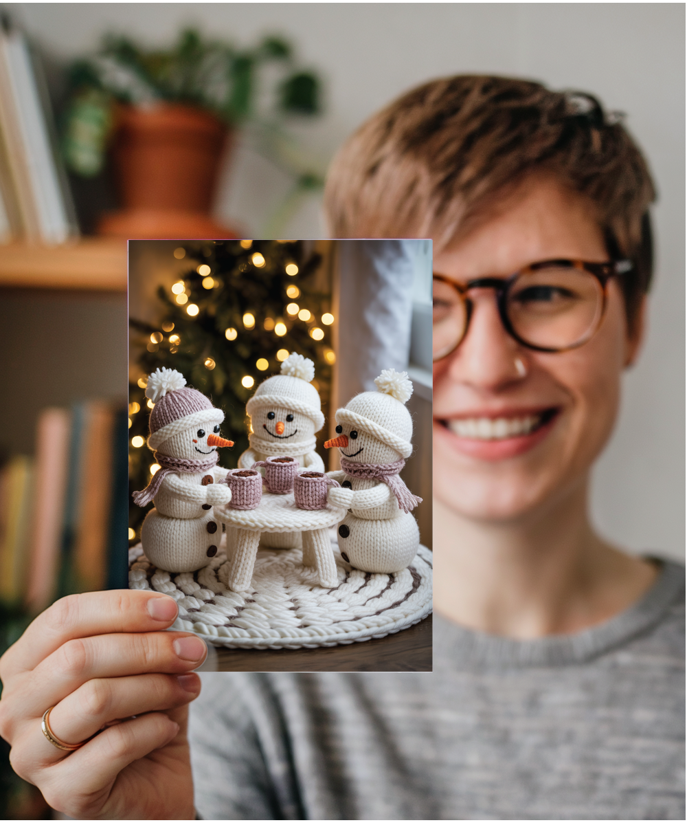 Knitted 3 snowmen drinking hot chocolate
