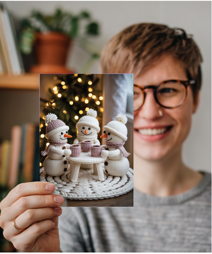 Knitted 3 snowmen drinking hot chocolate