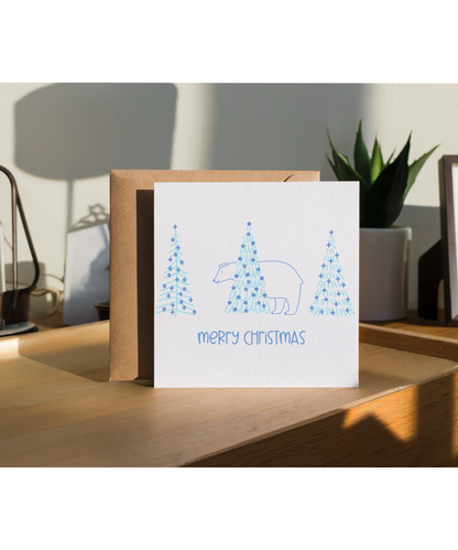 Merry Christmas Cute Polar Bear Hiding Behind Pine Trees