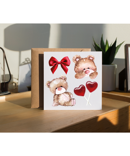 Cute Teddy Bear and Heart Lollipops Romantic Soft Sweetheart Valentine