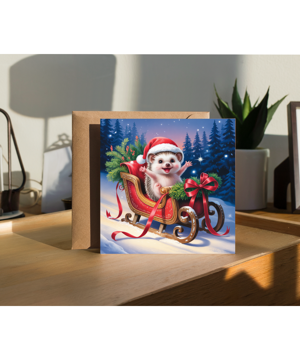 Cute Baby Hedgehog in Santas Sleigh Christmas Card Adorable Festive Greeting