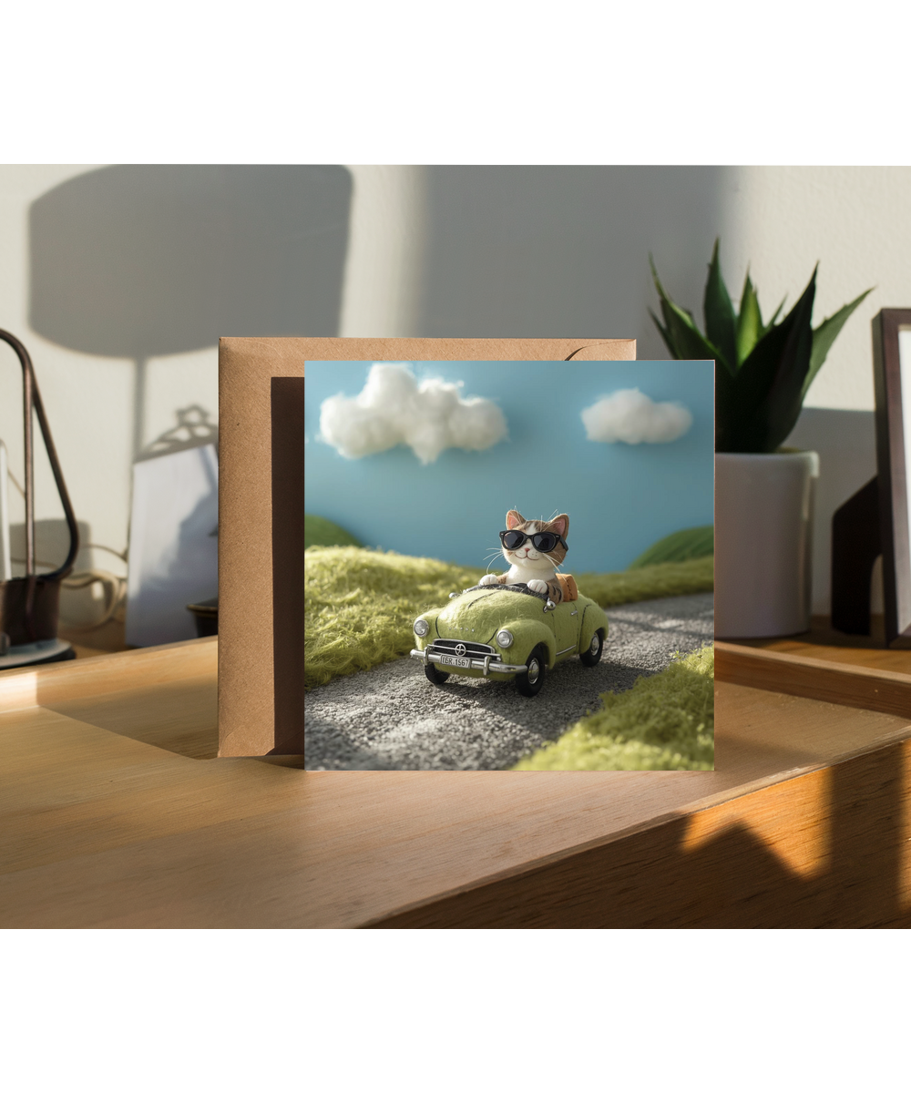 2D felt style cat driving car
