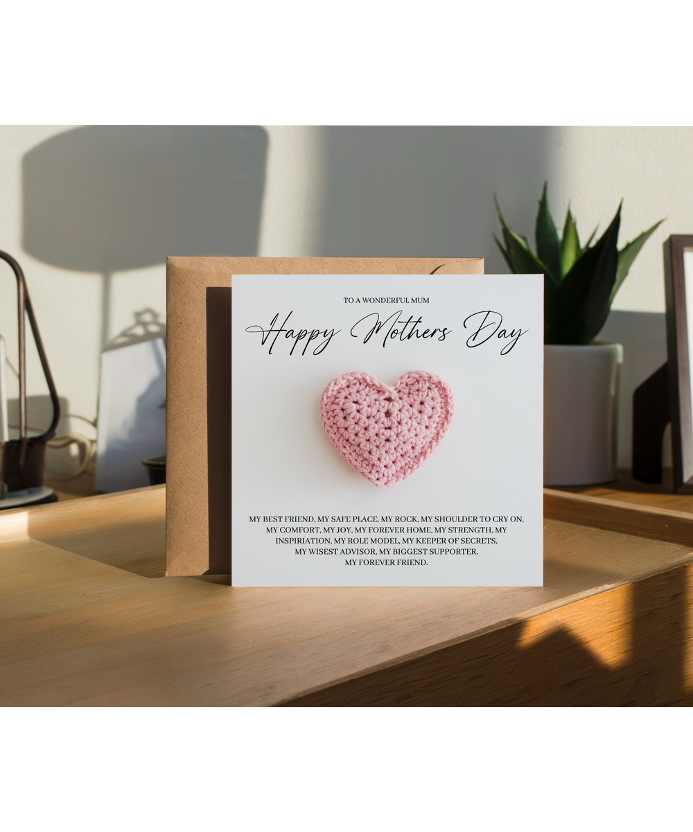 Pink crocheted heart happy mothers day