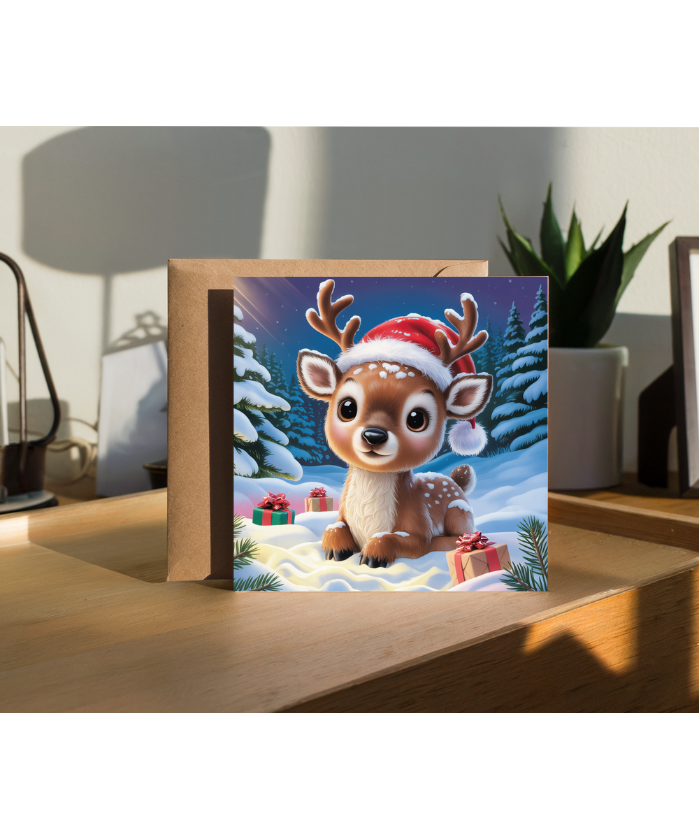 Santas Little Helper Baby Deer Christmas Card Adorable Winter Scene
