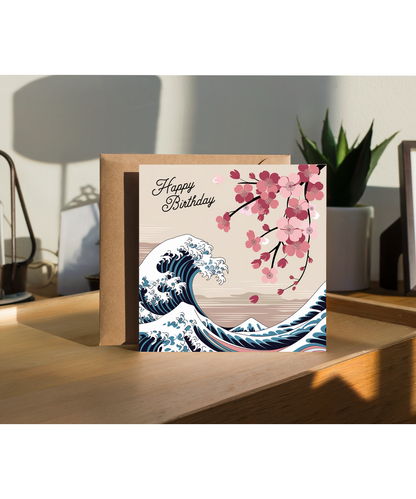 Happy Birthday Card wave pattern and cherry blossoms Hokusai inspired