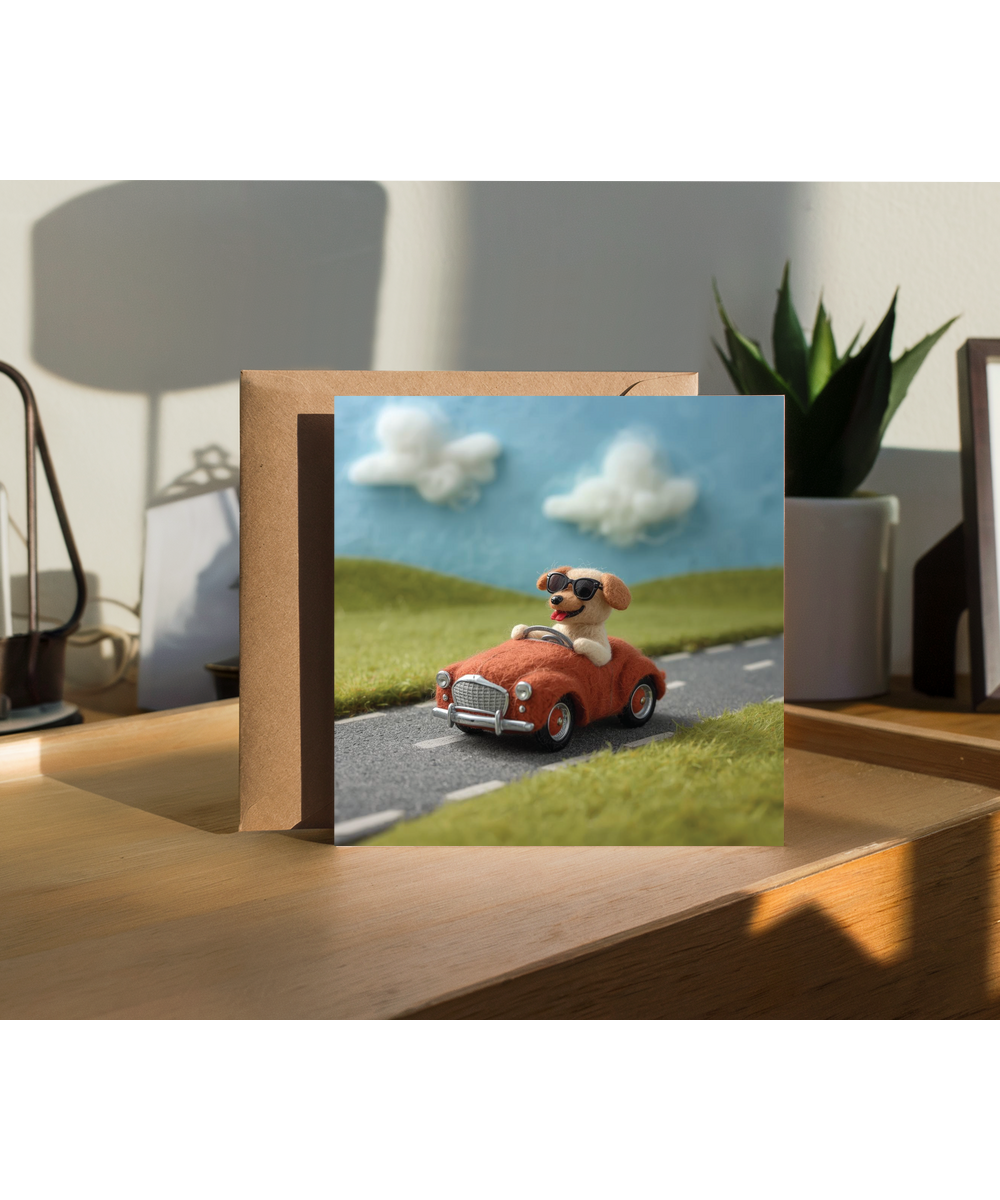 2D felt style dog driving a car