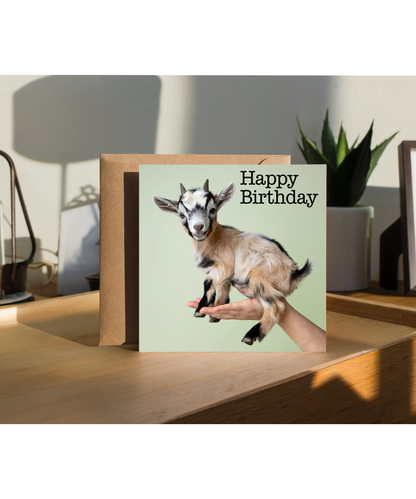 Happy Birthday card baby goat in hand cute pastel green