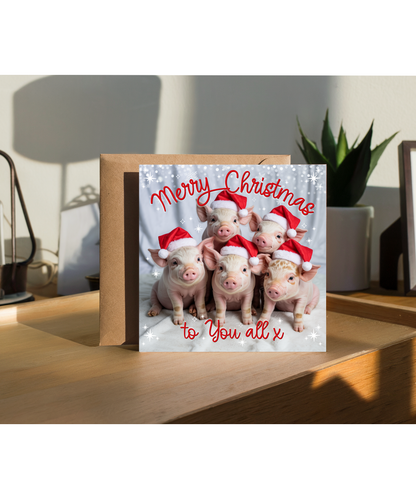 Fun Family Merry Christmas Card to You All Baby Piglets in Santa Hats