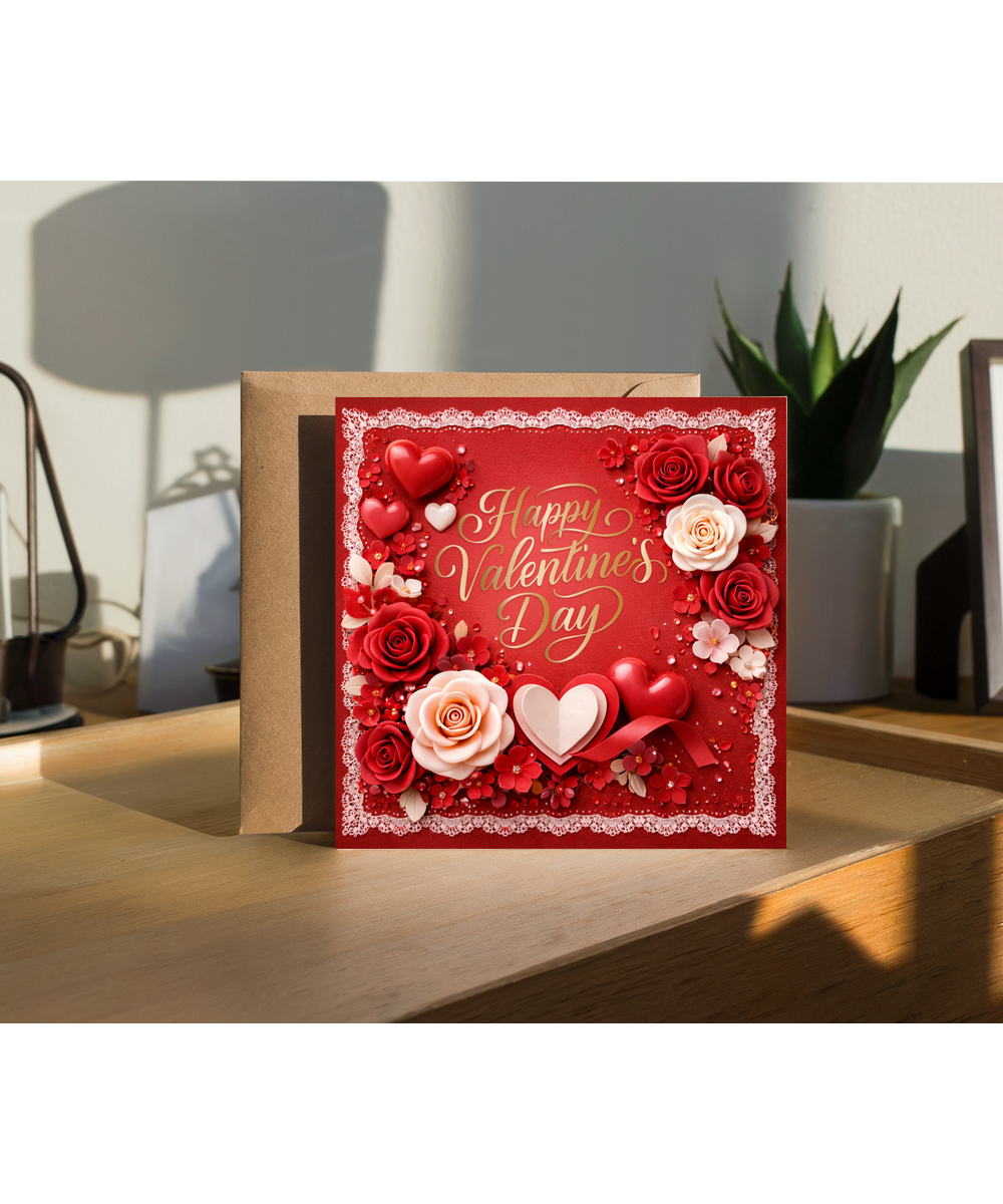 Romantic Valentines Day Card for Girlfriend or Wife 2D Elegant Floral Roses