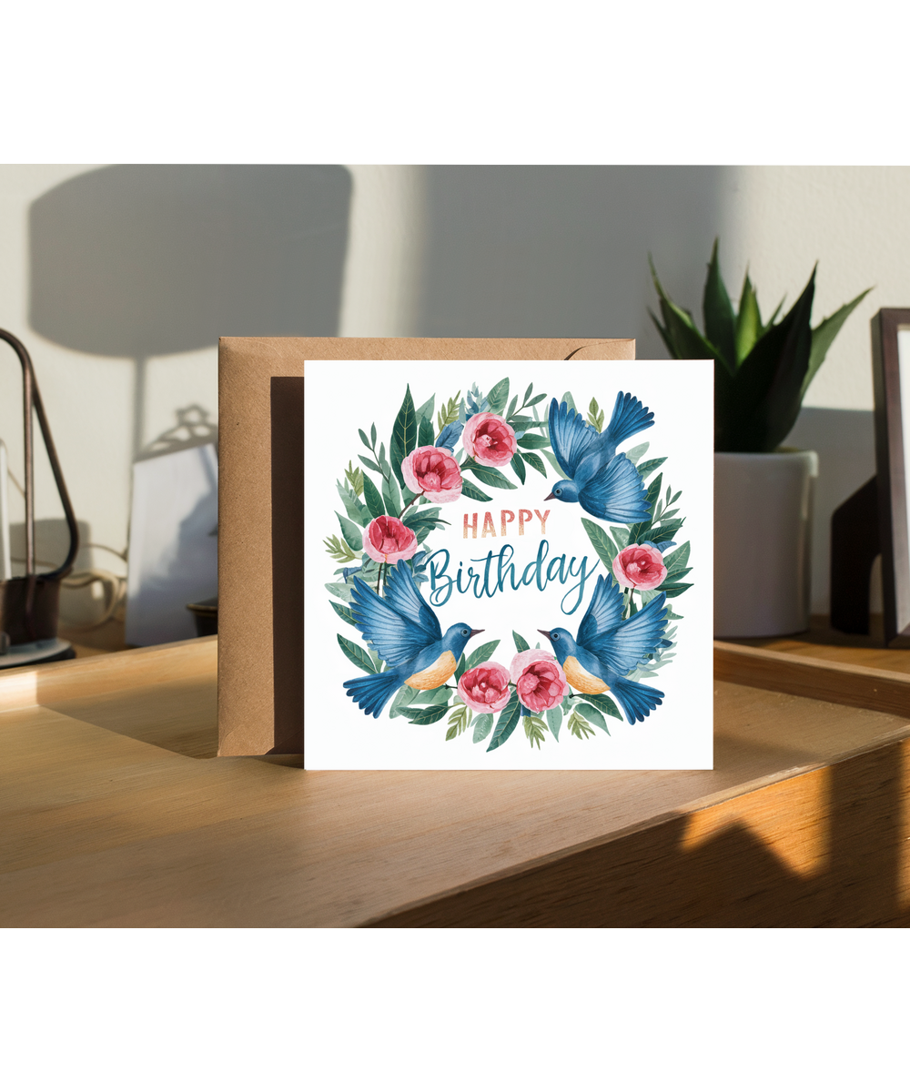 Blue Bird Birthday Card with Botanical Wreath for Mum Nana Grandma