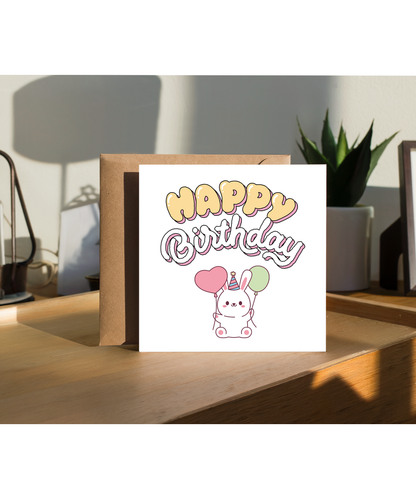Balloon Bunny Birthday Card Pastel Kawaii Cartoon