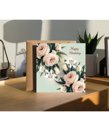 Happy Birthday Card for her Wild Roses and White Lilies