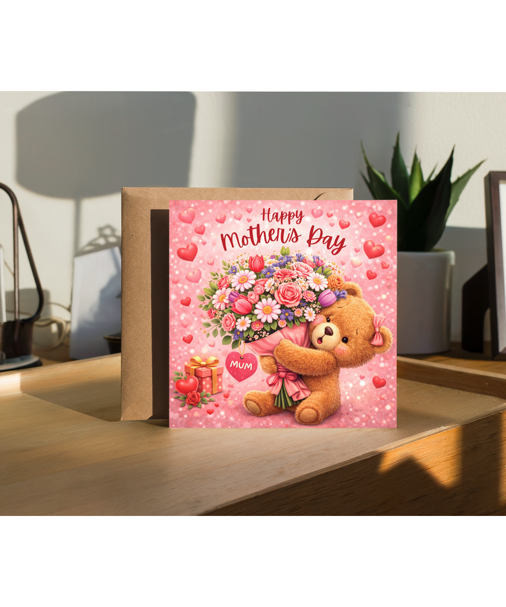 Happy Mother's Day adorable teddy bear holding flowers