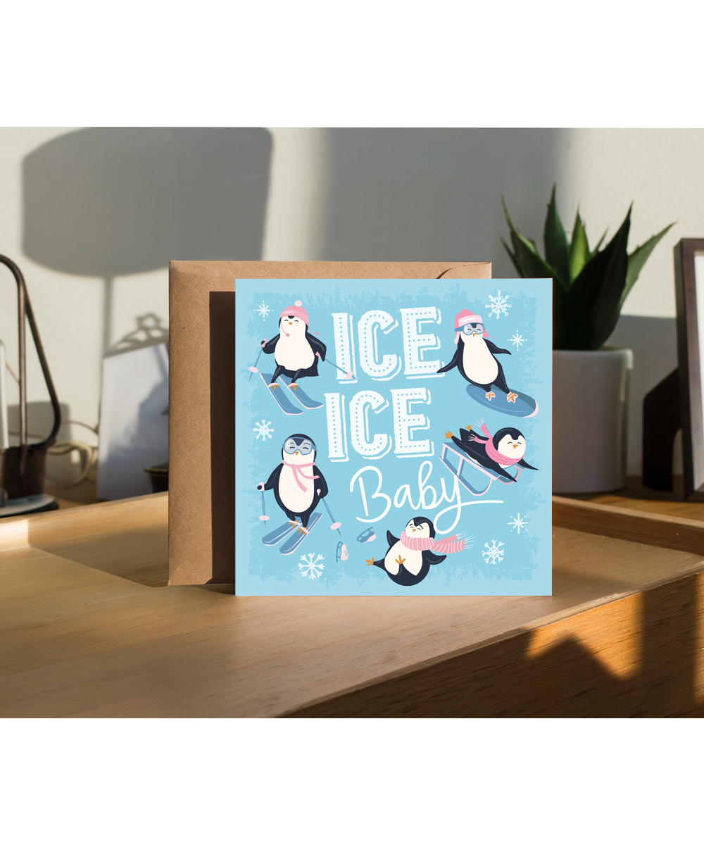 Fun Christmas Card Penguins Playing on Ice Baby
