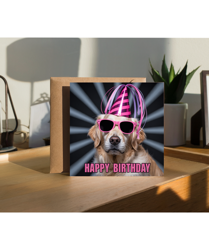 Funny Pet Happy Birthday Card Silly Rave Party Golden Retriever for Family and Friends